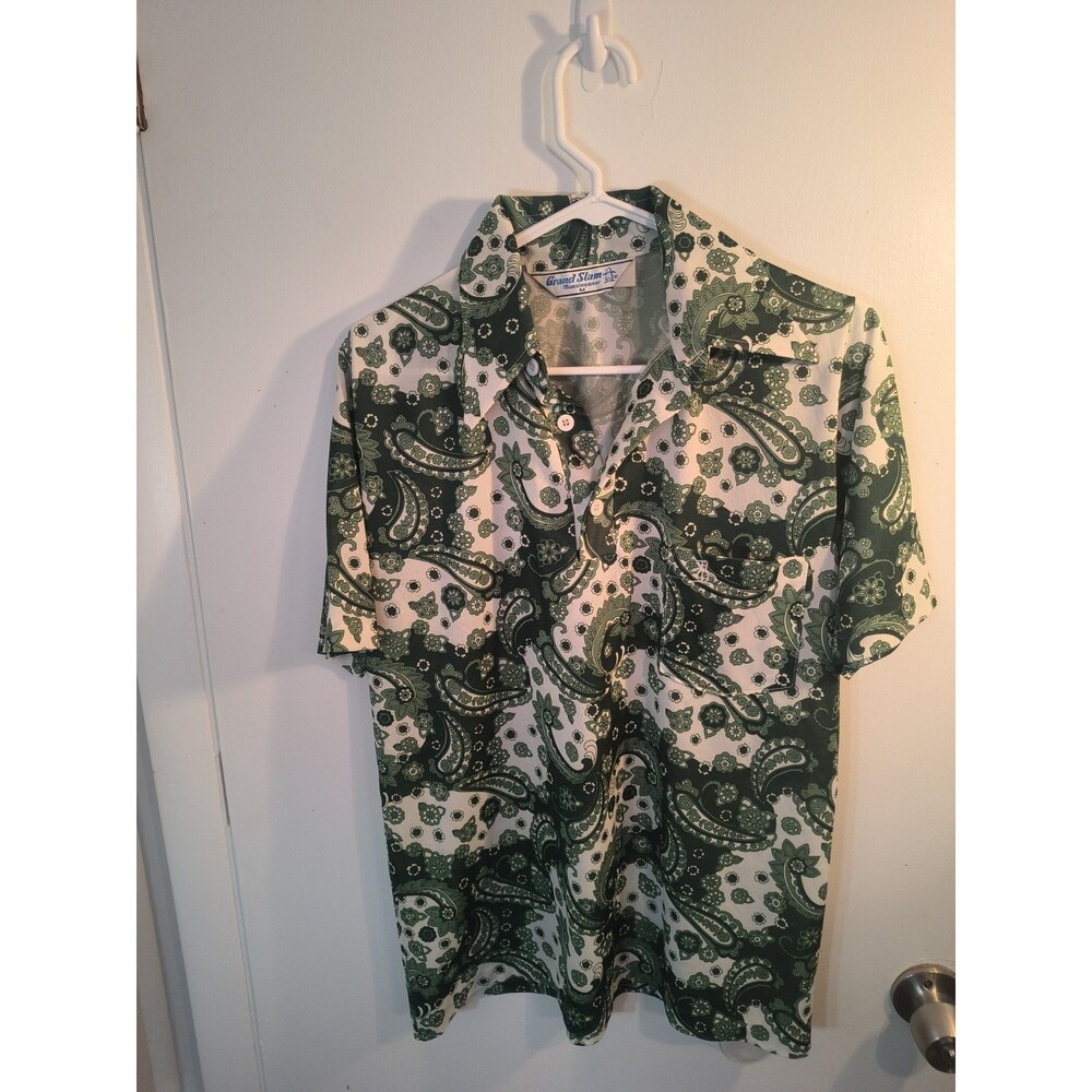 Vintage 70s Grand Slam Munsingwear Paisley Polo Shirt Size M Green White Penguin